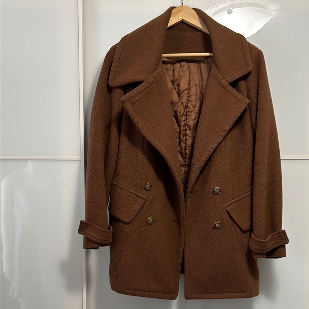 Brown Wool Blend Pea Coat with Notched Lapels